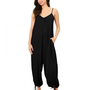 352. Women’s Black Linen Blend V-Neck Jogger Jumpsuit worn one time